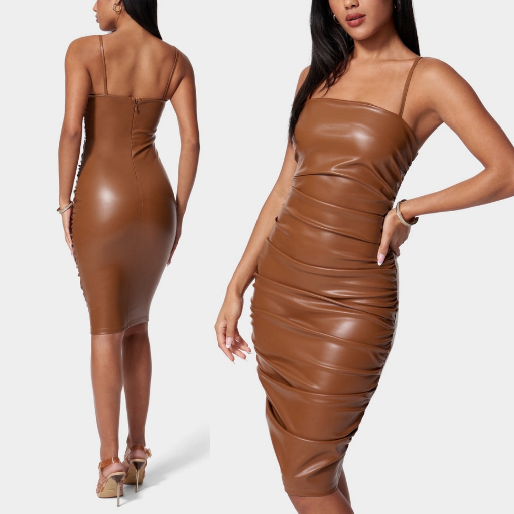 Nwt Brown Ruched Bodycon Midi Vegan Faux Leather Dress Size Xl